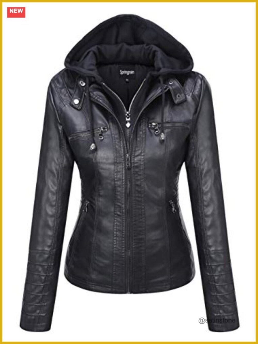 Women's Faux Leather Moto Jacket with Detachable Hood